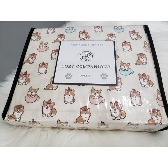 NEW QUEEN 4 PIECE Sheet Set Corgi Dog Fruits Coffee Strawberry girl bedroom - Picture 1 of 6